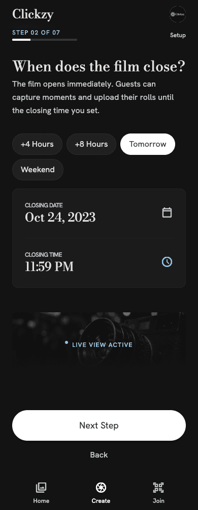 Film schedule screen