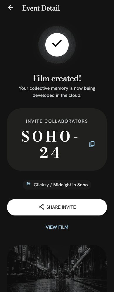 Film created screen with shareable invite code