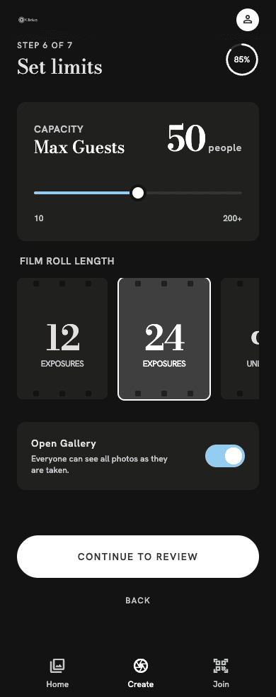 Setting guest limits and film roll length in Clickzy